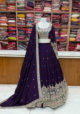 Dark Purple Embroidered Vichitra Silk Lehenga Set With Dupatta