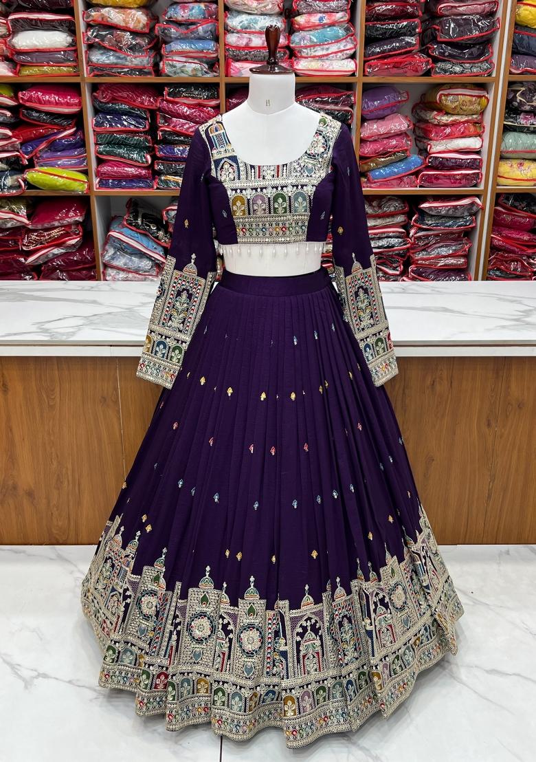 Dark Purple Embroidered Vichitra Silk Lehenga Set With Dupatta