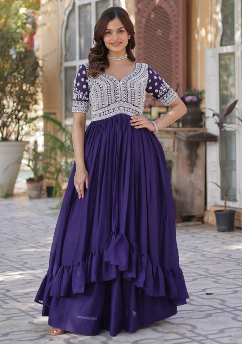 Navy Blue Embroidered Georgette Lehenga Set  - Indya