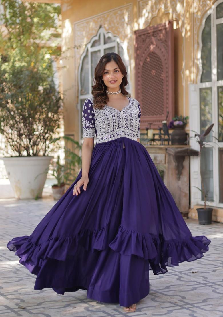 Navy Blue Embroidered Georgette Lehenga Set 