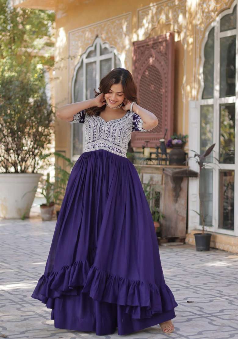 Navy Blue Embroidered Georgette Lehenga Set  - Indya