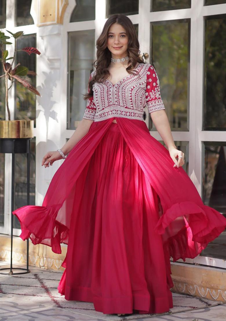 Pink Embroidered Georgette Lehenga Set 