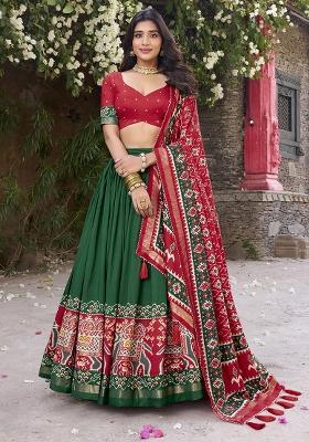 Green Printed Tussar Silk Lehenga Set With Dupatta