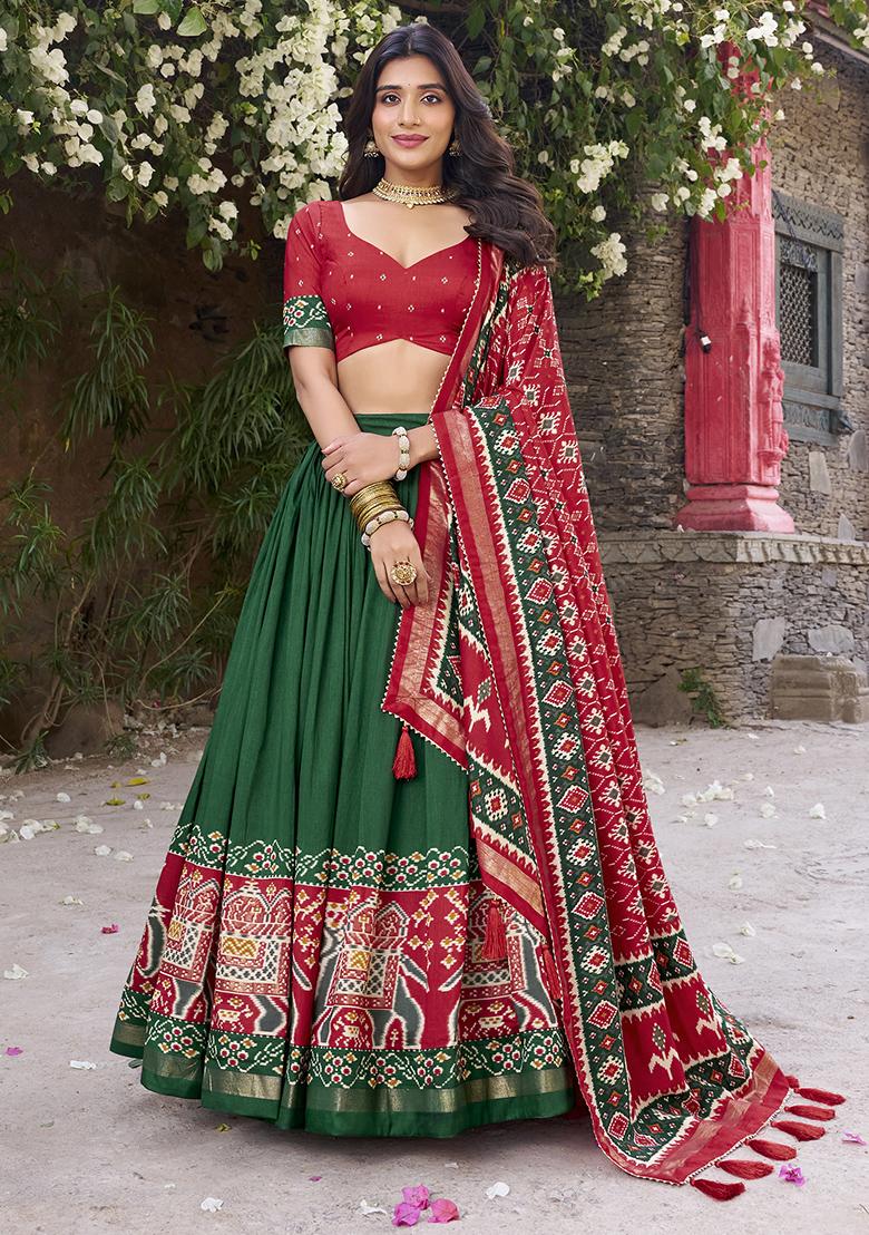Green Printed Tussar Silk Lehenga Set With Dupatta