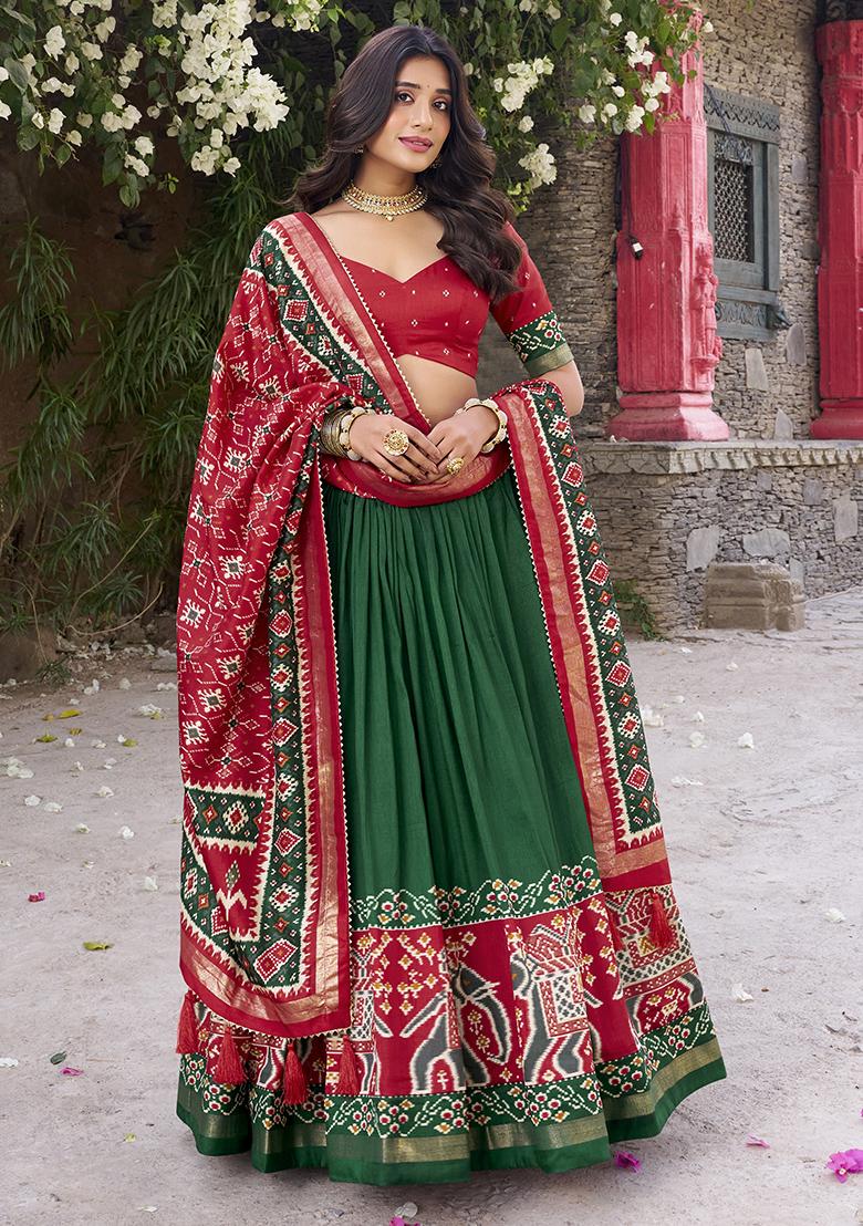 Green Printed Tussar Silk Lehenga Set With Dupatta