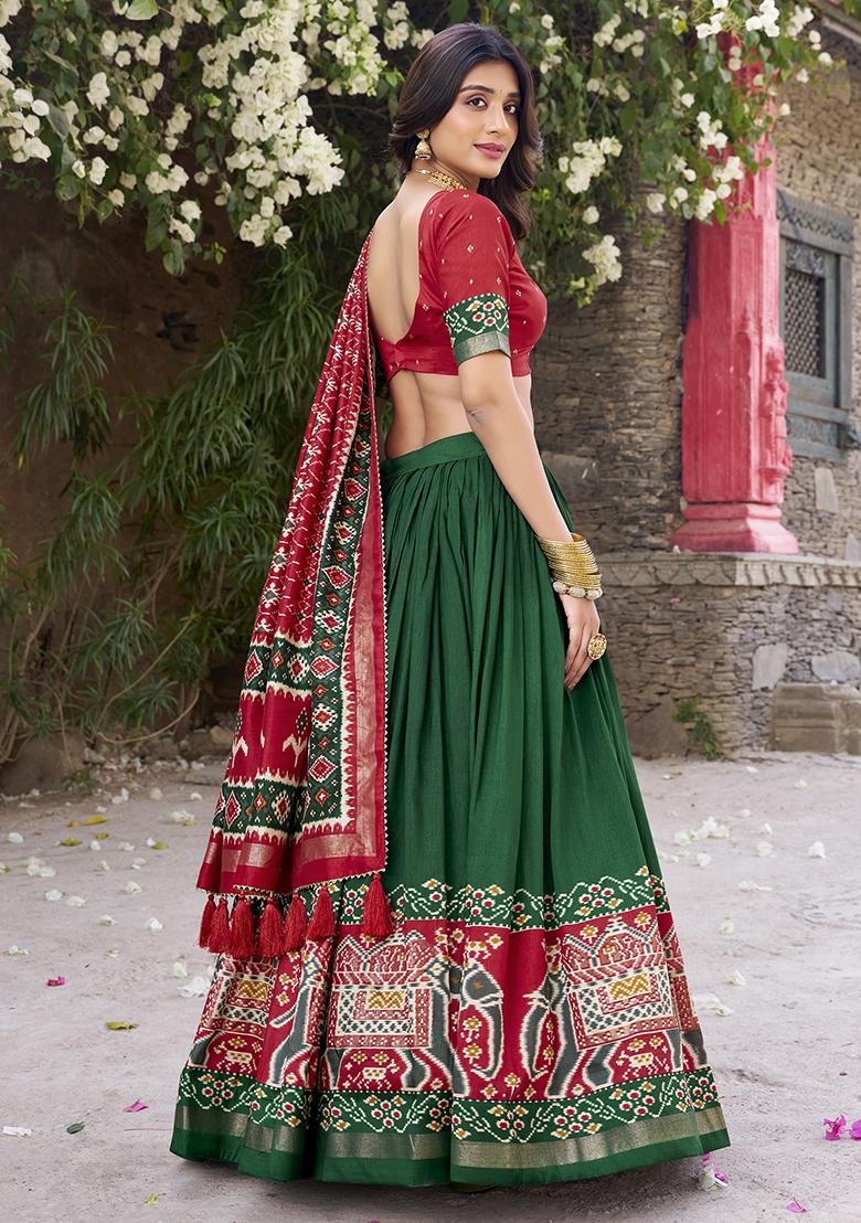 Green Printed Tussar Silk Lehenga Set With Dupatta