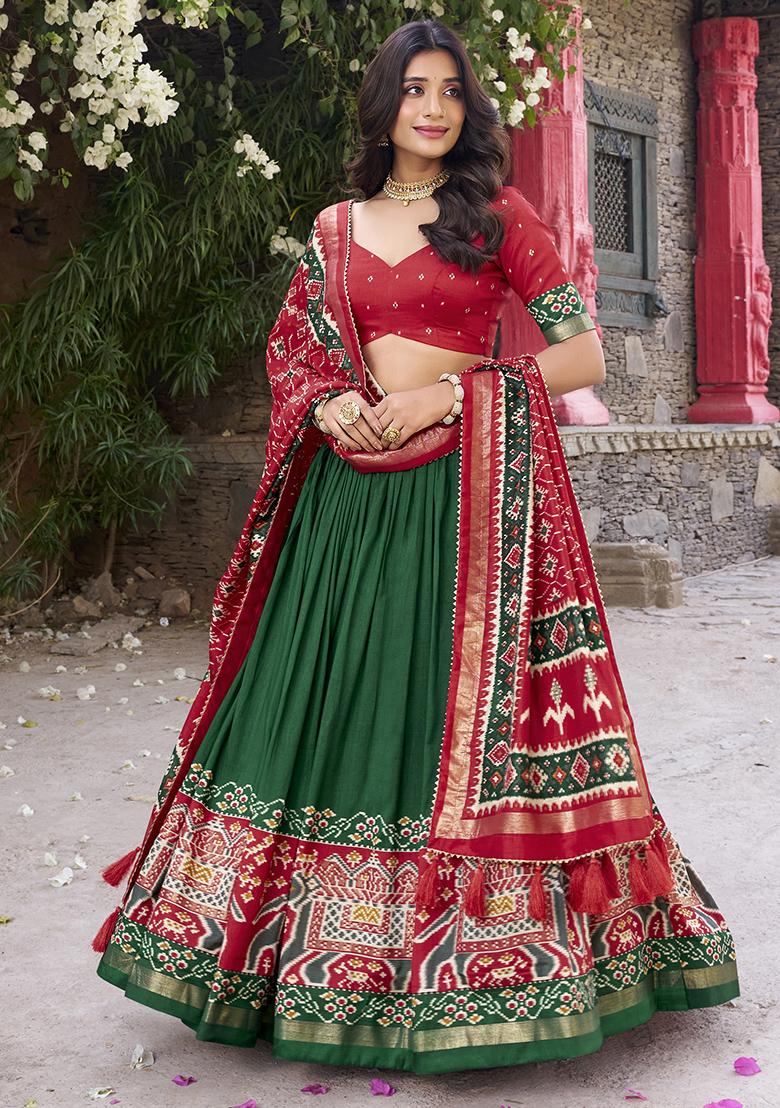 Green Printed Tussar Silk Lehenga Set With Dupatta