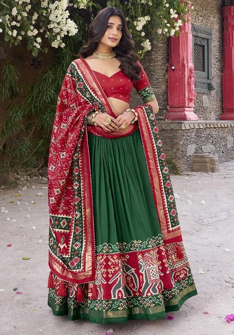 Green Printed Tussar Silk Lehenga Set With Dupatta
