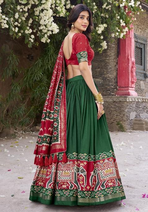Green Printed Tussar Silk Lehenga Set With Dupatta