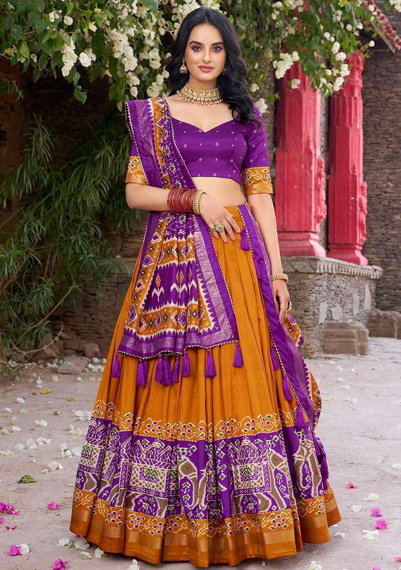 Mustard Yellow Printed Tussar Silk Blend Chaniya Choli Set For Navratri And Garba - Indya