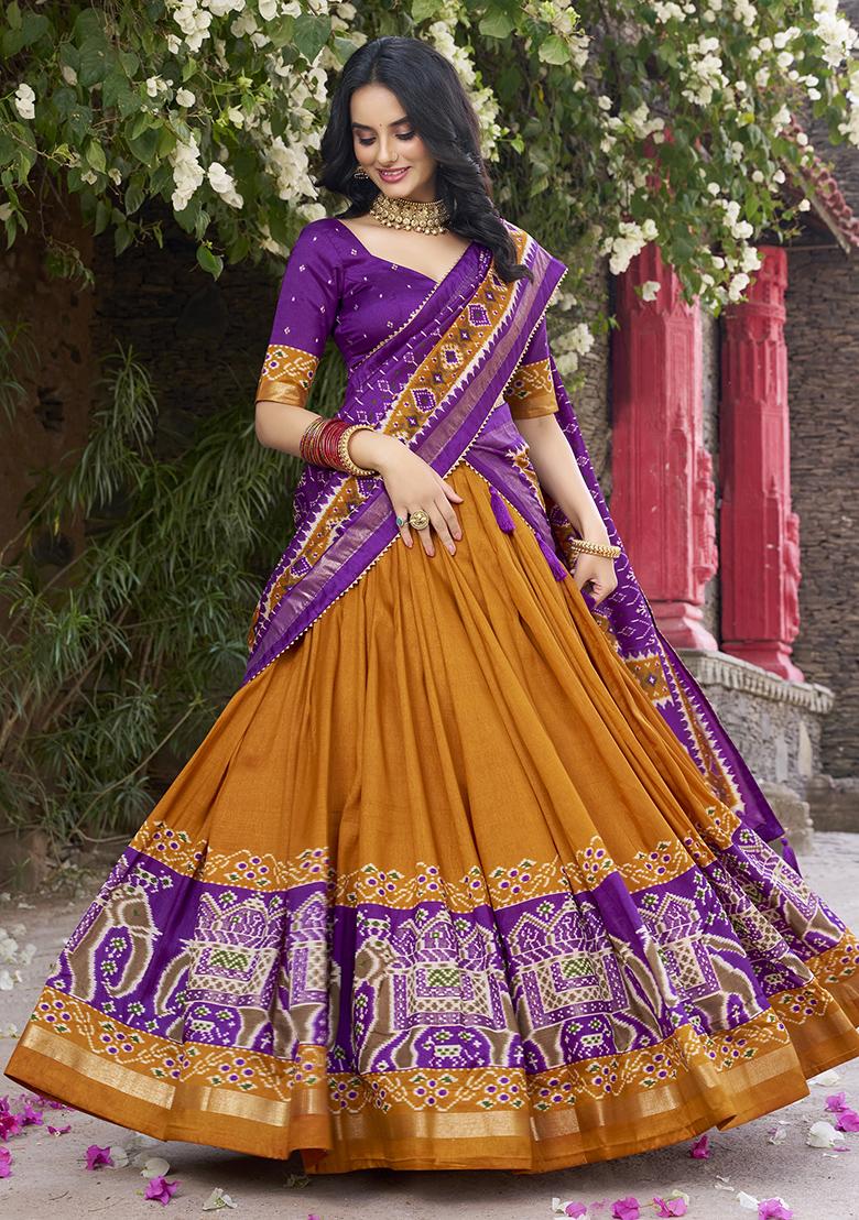 Mustard Yellow Printed Tussar Silk Lehenga Set With Dupatta