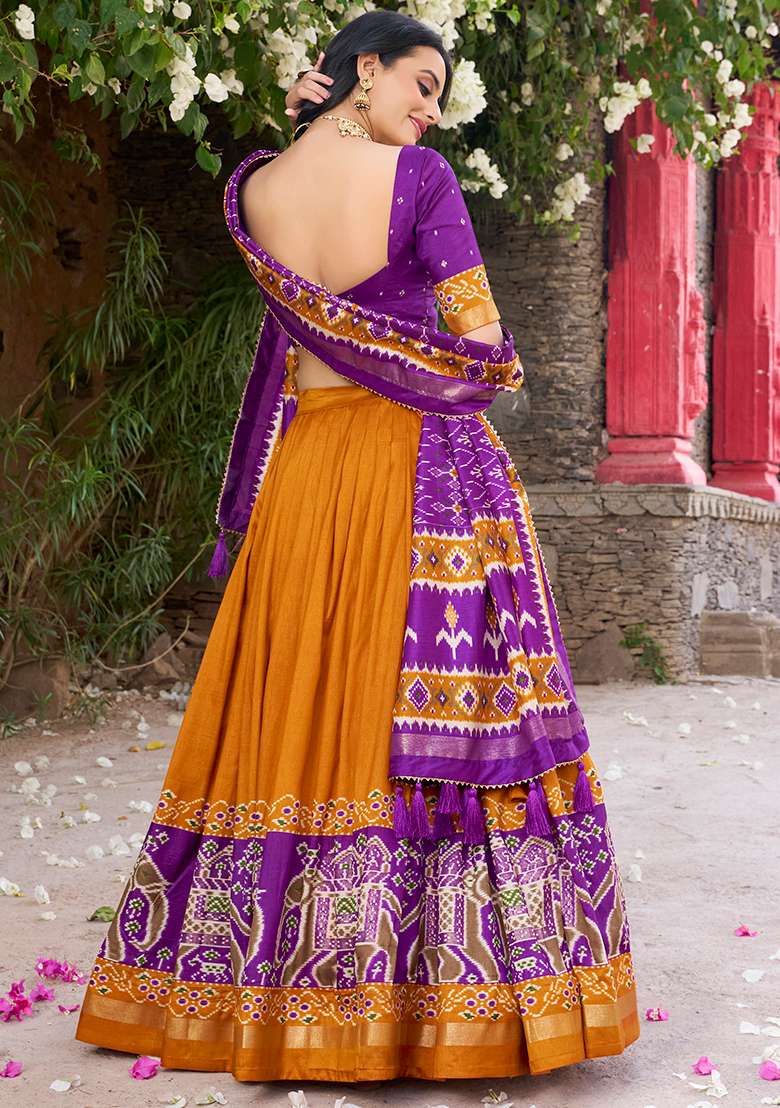 Mustard Yellow Printed Tussar Silk Blend Chaniya Choli Set For Navratri And Garba - Indya