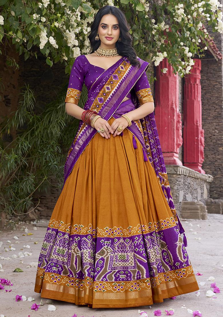 Mustard Yellow Printed Tussar Silk Lehenga Set With Dupatta