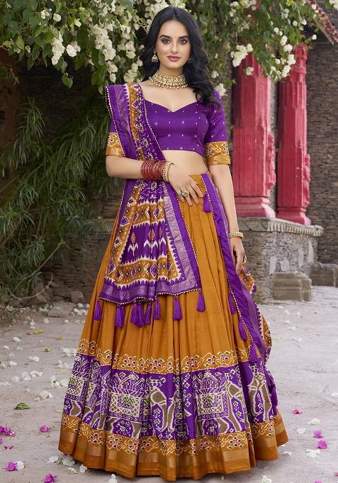 Mustard Yellow Printed Tussar Silk Lehenga Set With Dupatta