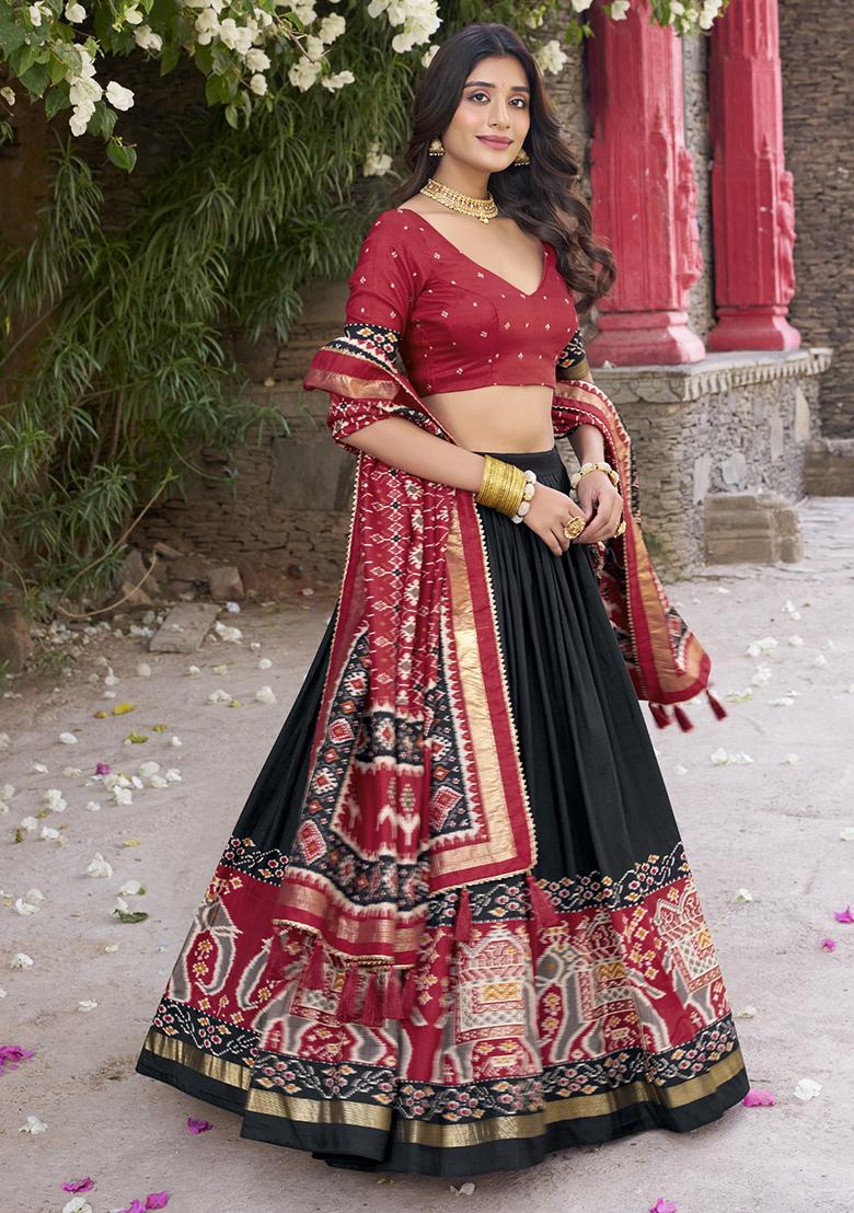 Black Printed Tussar Silk Lehenga Set With Dupatta