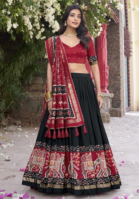 Black Printed Tussar Silk Lehenga Set With Dupatta