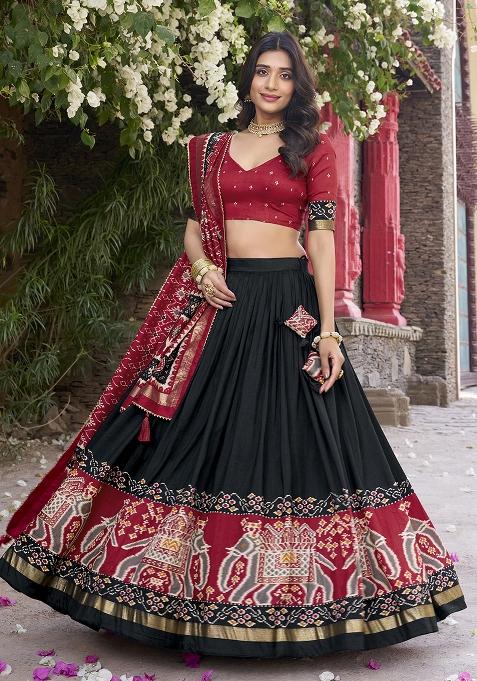 Black Printed Tussar Silk Lehenga Set With Dupatta