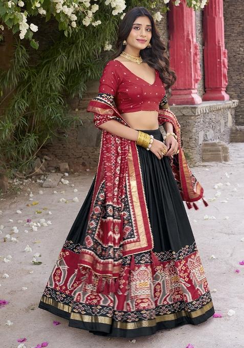 Black Printed Tussar Silk Lehenga Set With Dupatta