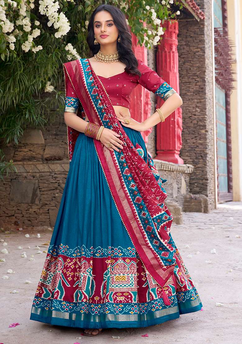 Teal Blue Printed Tussar Silk Blend Chaniya Choli Set For Navratri And Garba - Indya