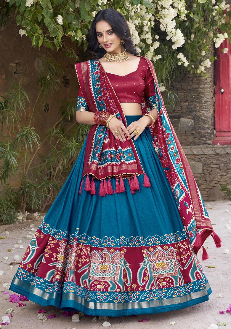 Teal Blue Printed Tussar Silk Lehenga Set With Dupatta