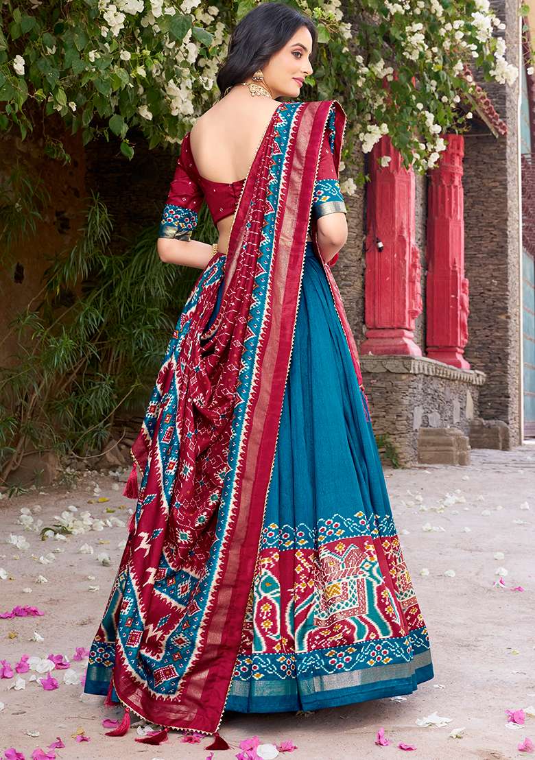 Teal Blue Printed Tussar Silk Blend Chaniya Choli Set For Navratri And Garba - Indya