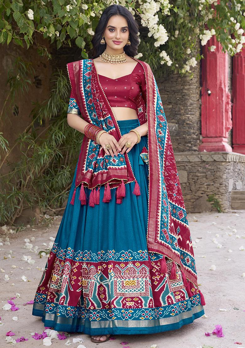 Teal Blue Printed Tussar Silk Lehenga Set With Dupatta