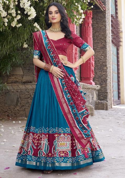 Teal Blue Printed Tussar Silk Lehenga Set With Dupatta