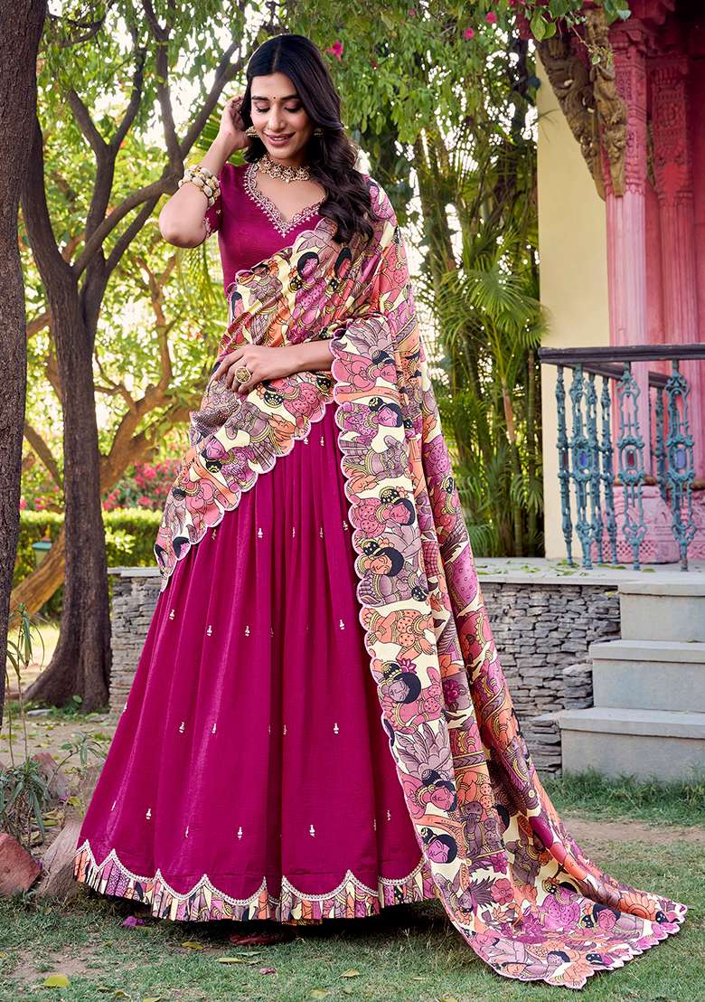 Pink Sequins And Thread Embroidery Tussar Silk Blend Lehenga Set With Dupatta - Indya