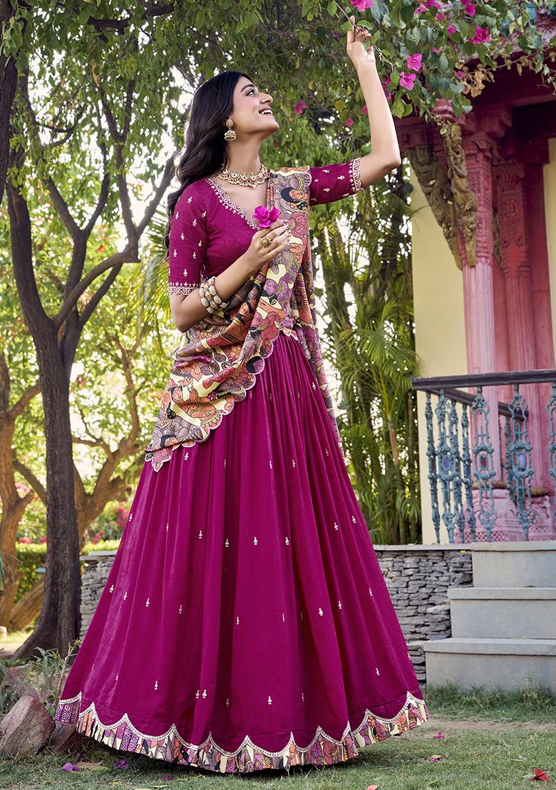 Pink Sequins And Thread Embroidery Tussar Silk Lehenga Set With Dupatta