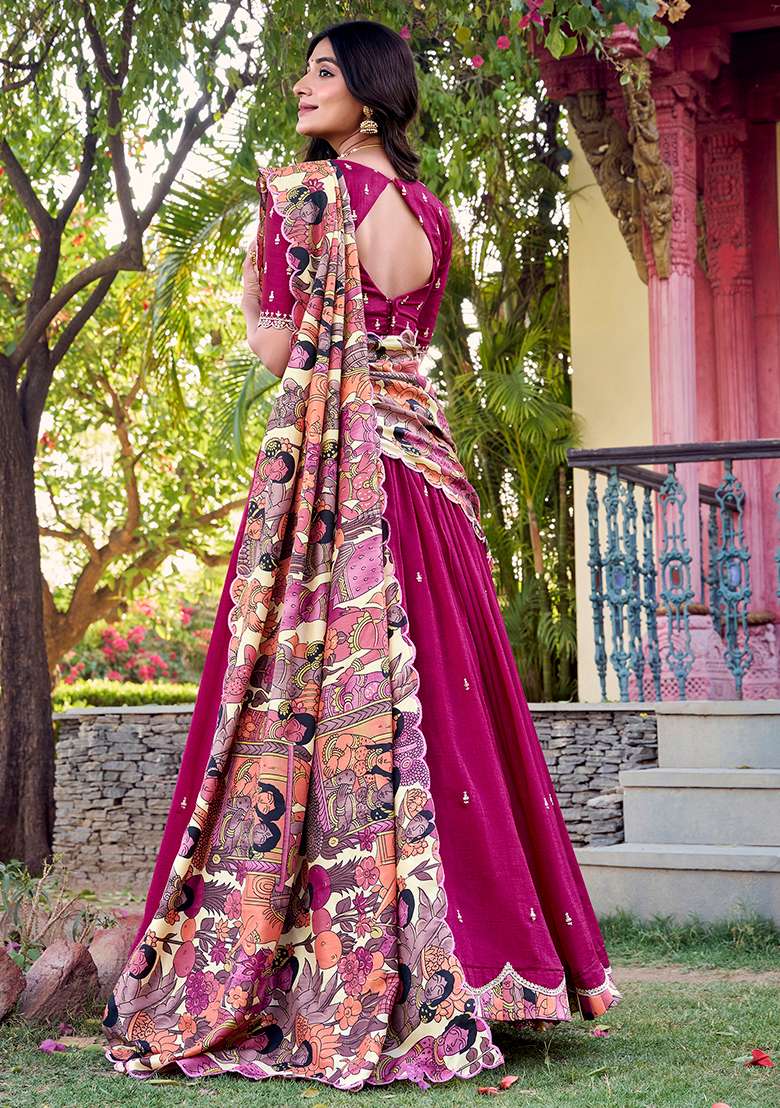 Pink Sequins And Thread Embroidery Tussar Silk Blend Lehenga Set With Dupatta - Indya
