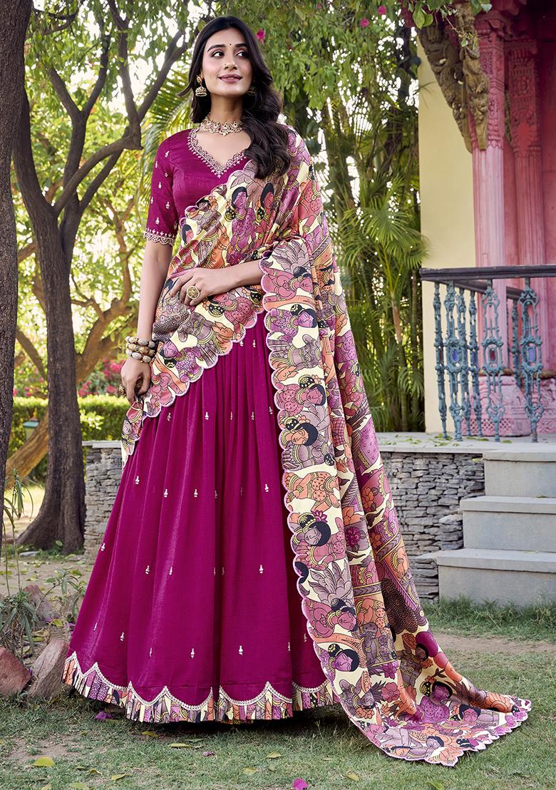 Pink Sequins And Thread Embroidery Tussar Silk Lehenga Set With Dupatta