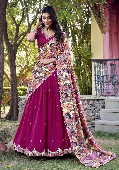 Pink Sequins And Thread Embroidery Tussar Silk Lehenga Set With Dupatta