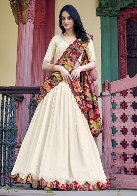 Off White Sequins And Thread Embroidery Tussar Silk Lehenga Set With Dupatta