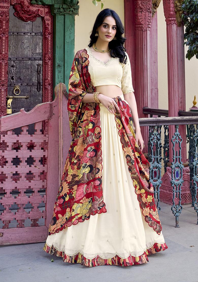 Off White Sequins And Thread Embroidery Tussar Silk Lehenga Set With Dupatta