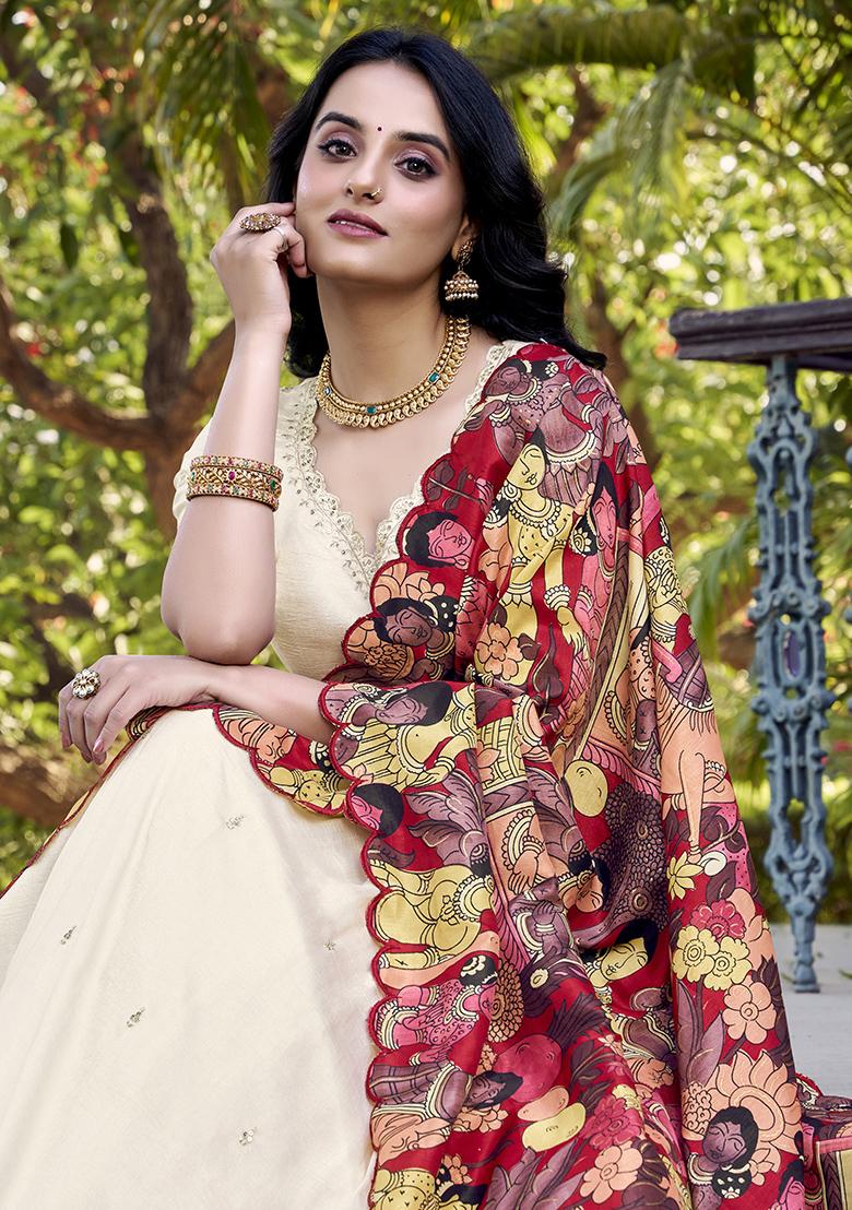 Off White Sequins And Thread Embroidery Tussar Silk Lehenga Set With Dupatta