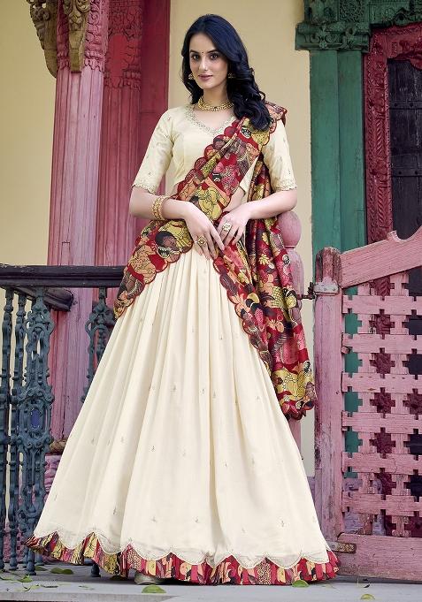 Off White Sequins And Thread Embroidery Tussar Silk Lehenga Set With Dupatta