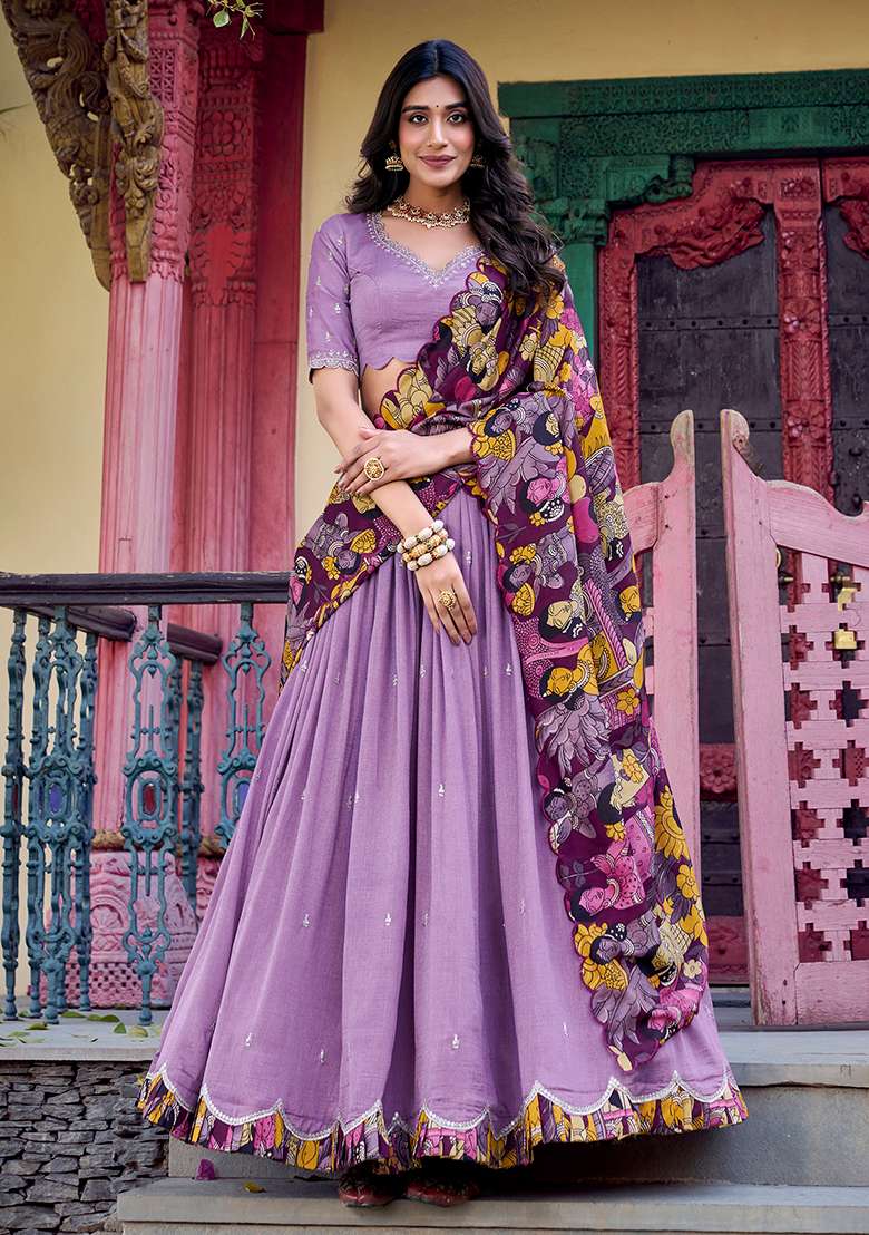 Lavender Sequins And Thread Embroidery Tussar Silk Blend Lehenga Set With Dupatta - Indya
