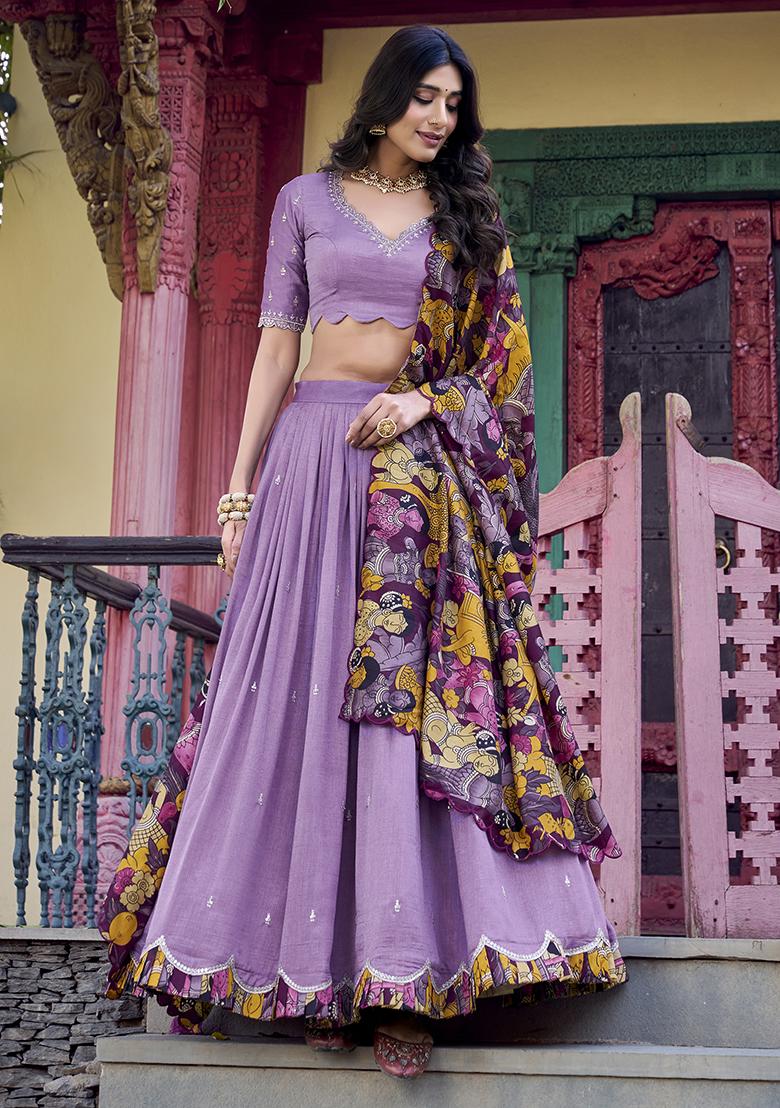 Lavender Sequins And Thread Embroidery Tussar Silk Lehenga Set With Dupatta