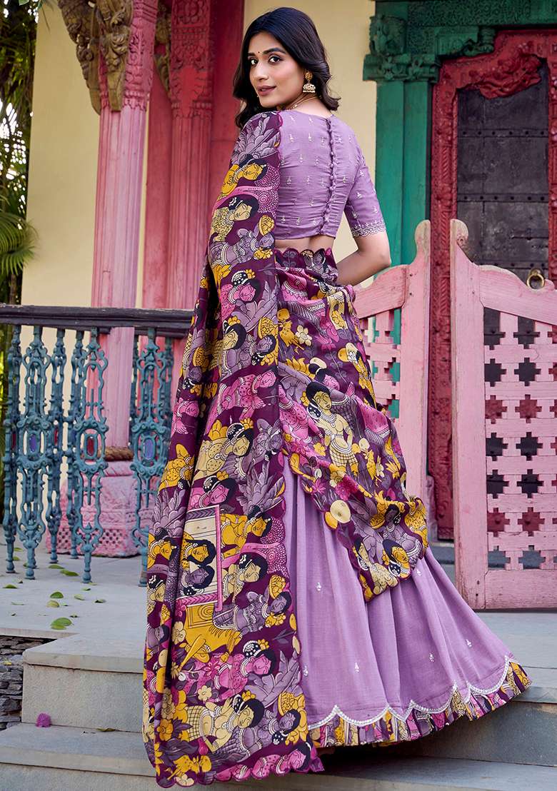 Lavender Sequins And Thread Embroidery Tussar Silk Blend Lehenga Set With Dupatta - Indya