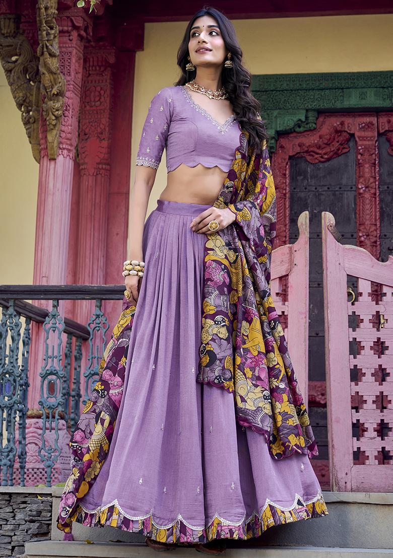 Lavender Sequins And Thread Embroidery Tussar Silk Lehenga Set With Dupatta