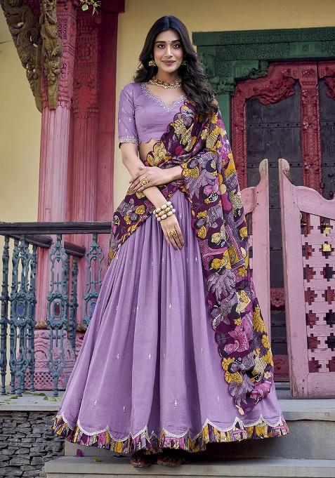 Lavender Sequins And Thread Embroidery Tussar Silk Lehenga Set With Dupatta