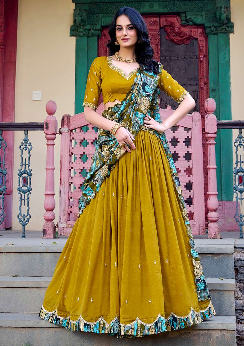 Mustard Yellow Sequins And Thread Embroidery Tussar Silk Blend Lehenga Set With Dupatta - Indya