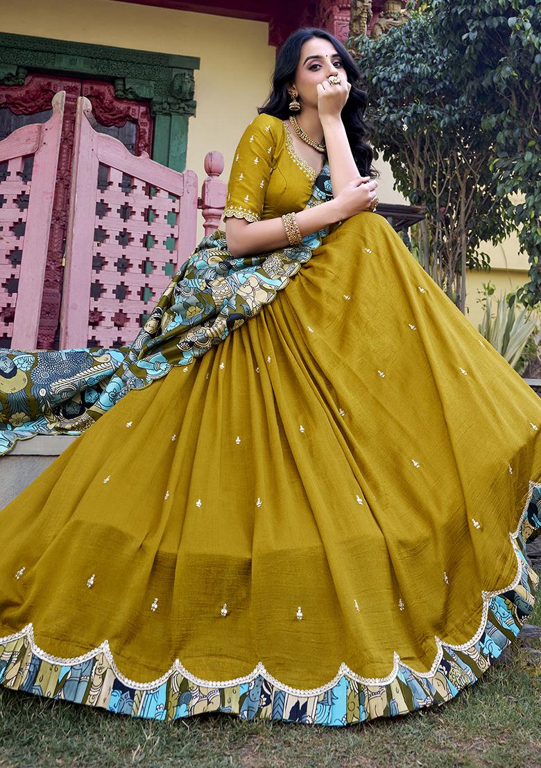 Mustard Yellow Sequins And Thread Embroidery Tussar Silk Lehenga Set With Dupatta