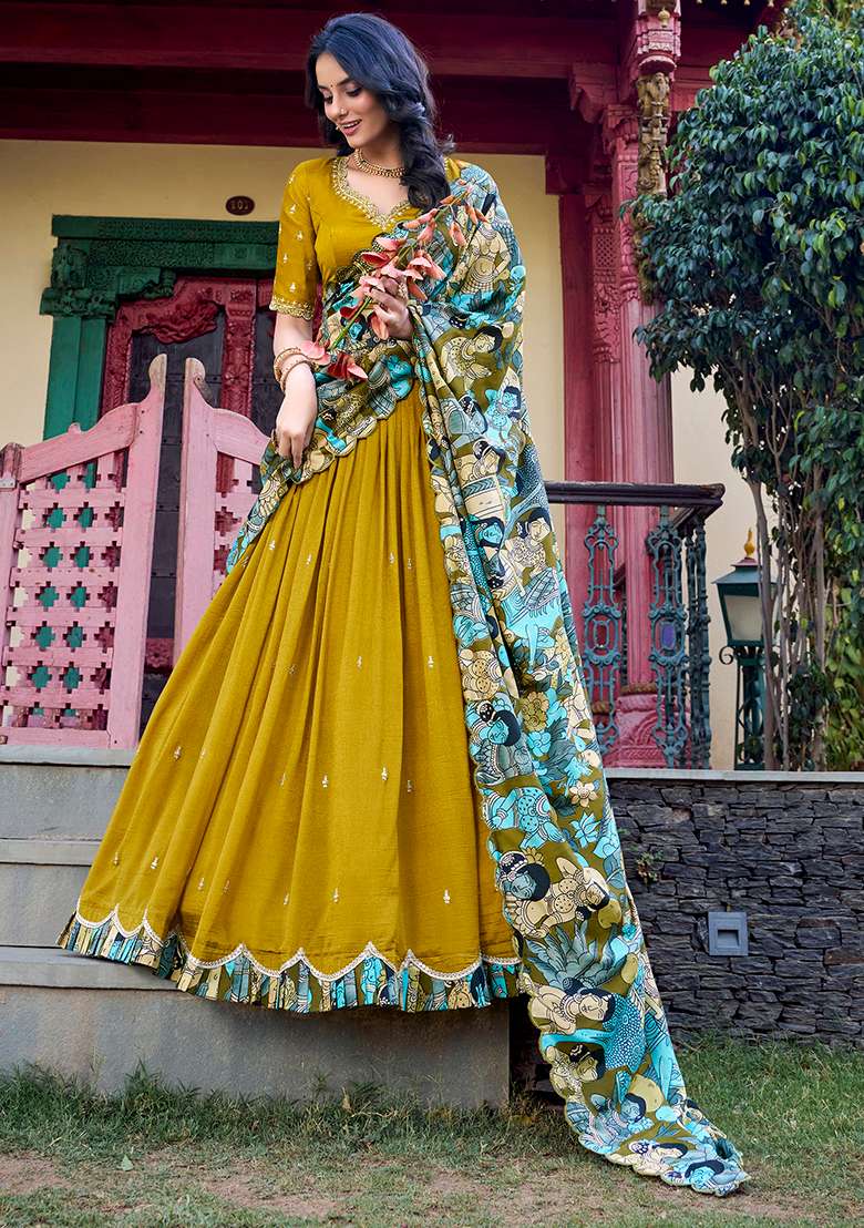Mustard Yellow Sequins And Thread Embroidery Tussar Silk Blend Lehenga Set With Dupatta - Indya