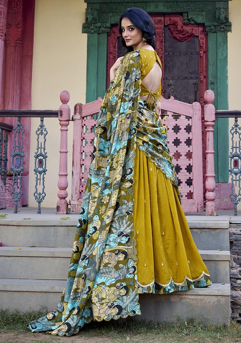 Mustard Yellow Sequins And Thread Embroidery Tussar Silk Lehenga Set With Dupatta