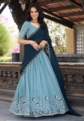 Sky Blue Sequins And Thread Embroidery Poly Blend Lehenga Set With Dupatta
