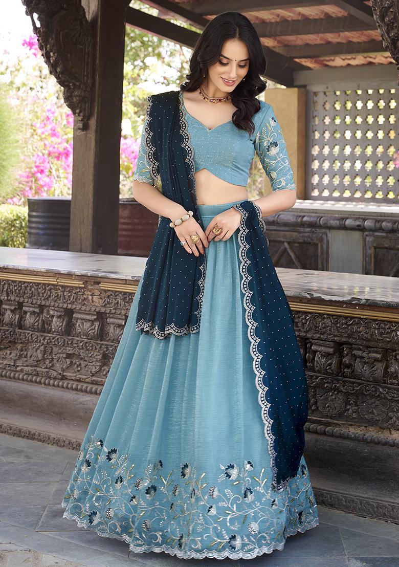 Sky Blue Sequins And Thread Embroidery Poly Blend Lehenga Set With Dupatta