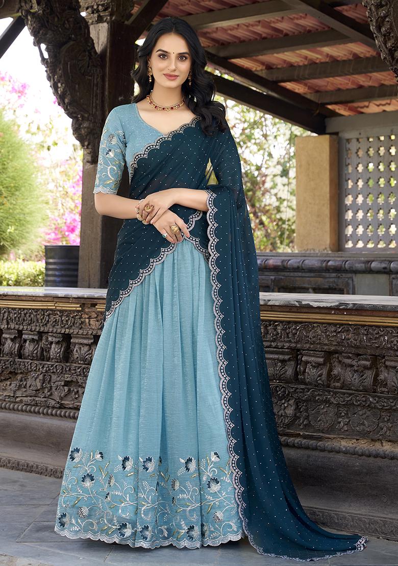 Sky Blue Sequins And Thread Embroidery Poly Blend Lehenga Set With Dupatta