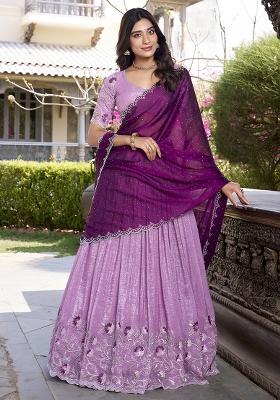 Lavender Sequins And Thread Embroidery Poly Blend Lehenga Set With Dupatta