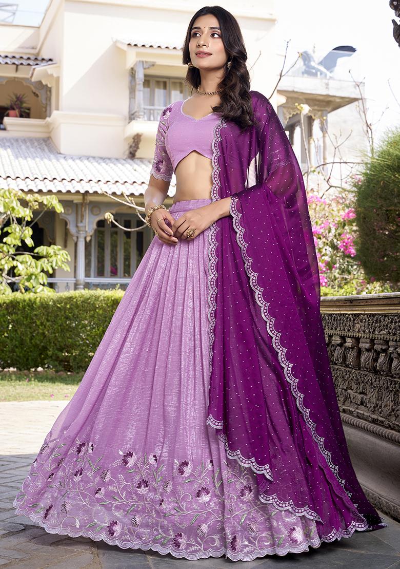Lavender Sequins And Thread Embroidery Poly Blend Lehenga Set With Dupatta